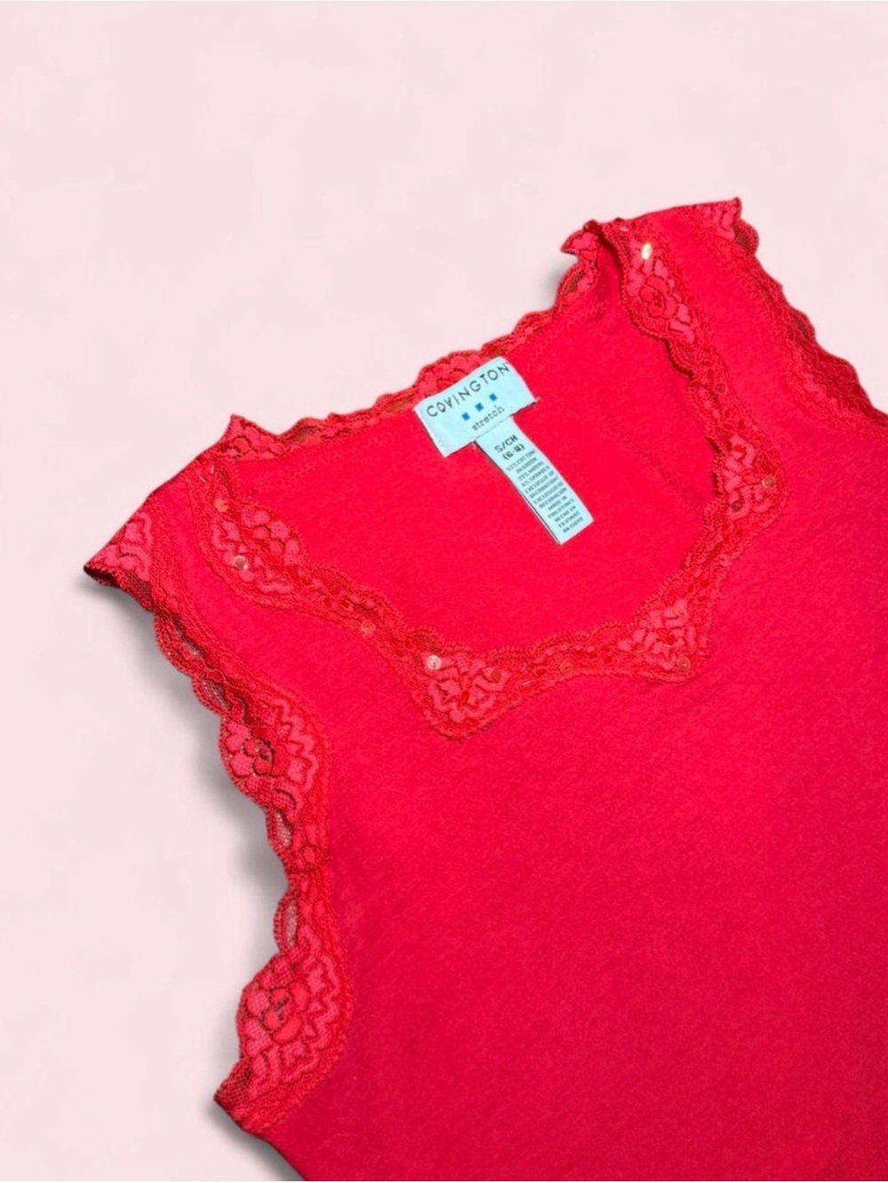 Covington Y2K Red Lace Trim Sequin Beaded Camisole Tank Top Stretch Small 6 8 - Picture 2 of 6